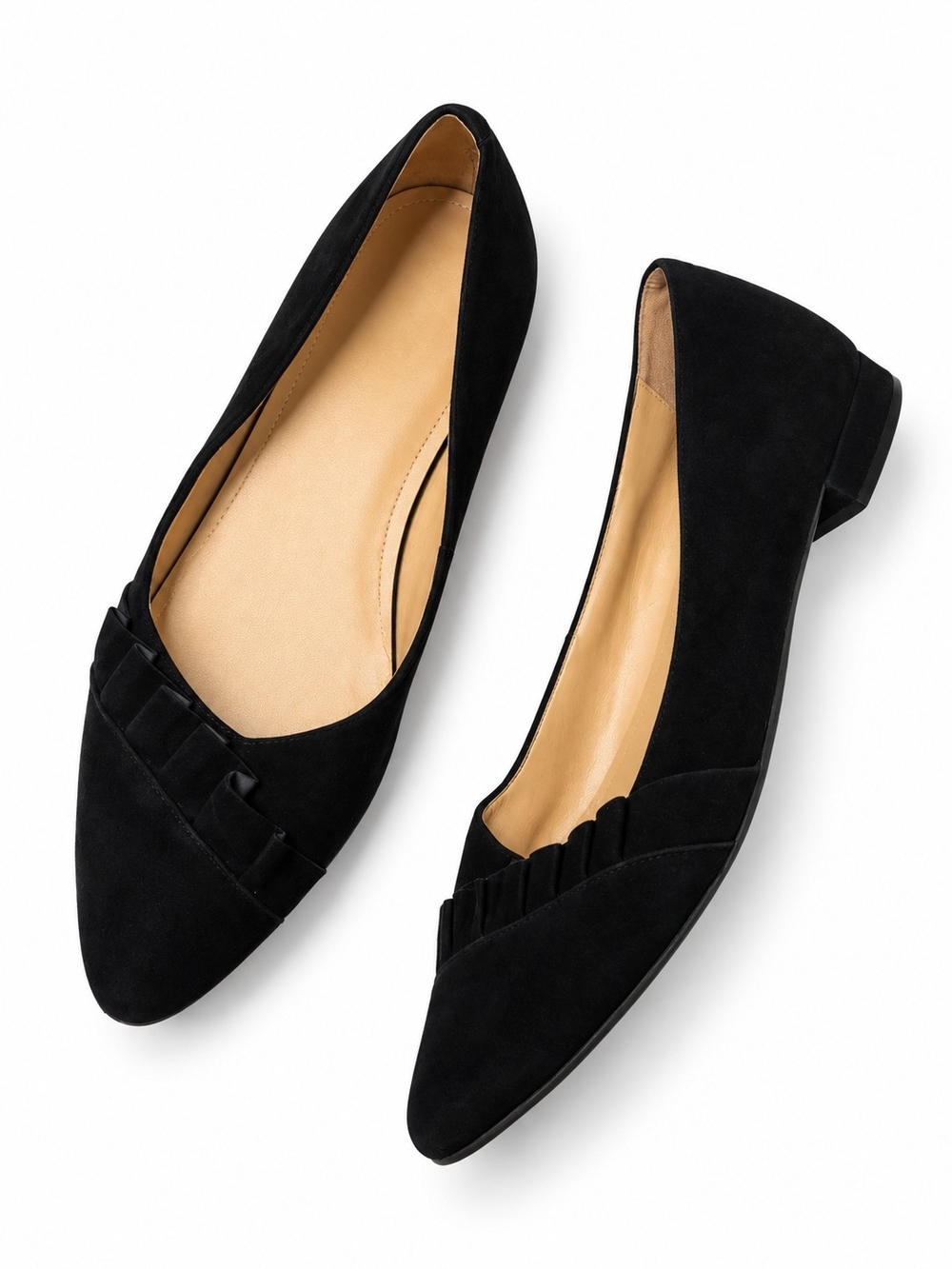 Talbots Size 8.5 Black Suede Pointed-Toe Flats with Ruffle Detail